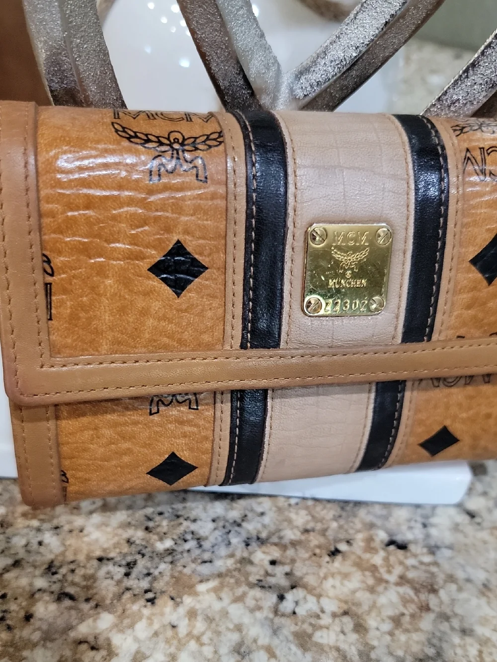 MCM Cognac Cream  Black Visetos Tri-fold Wallet - Picture 2 of 11